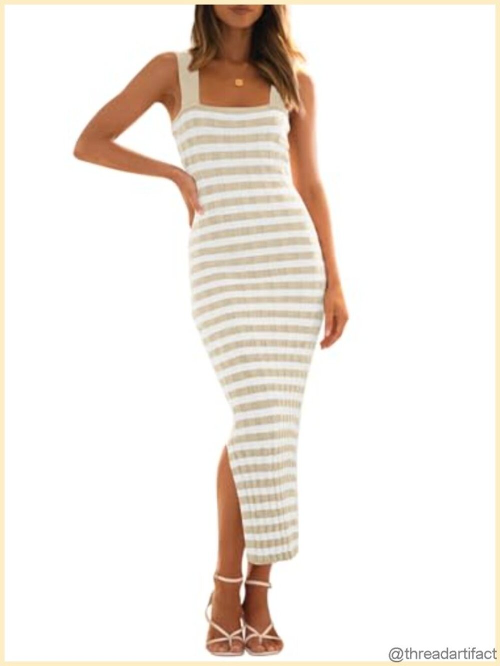 Womens Summer Striped Ribbed Knit Midi Sweater Dress Bodycon Sleeveless Square